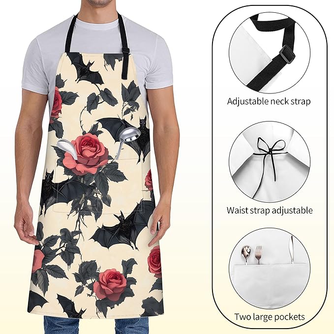 Cute Black Bat Apron for Women with Floral,28x33in,Gothic Kitchen Aprons with 2 Pockets, Oxford Fabric, Goth Halloween Adjustable Apron for Cooking Baking Gardening Chef,Gifts for Mom Wife