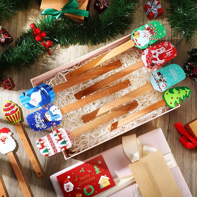 Nitial 10-Piece Christmas Silicone Spatula Gift Set with Wooden Handle Santa Spatula for Kitchen & Baking, Includes Cards for Women - Vintage Color