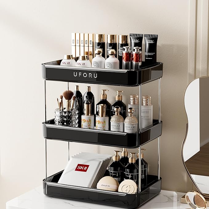 Countertop Coffee Station Organizer, 3 Tier Wine Glass Holder, Mug Shelf with Removable Drain Tray, Spice Rack for Kitchen, Bathroom Countertop Organizer, Black