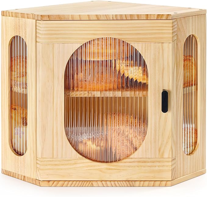 Sunhoo Bread Box for Kitchen Countertop Corner Bread Storage Wooden Breadbox Container 2 Layer Bread Holder Keeper Large Farmhouse Bread Bin Shelf for Homemade Pantry Vintage Acrylic Window(Yellow)