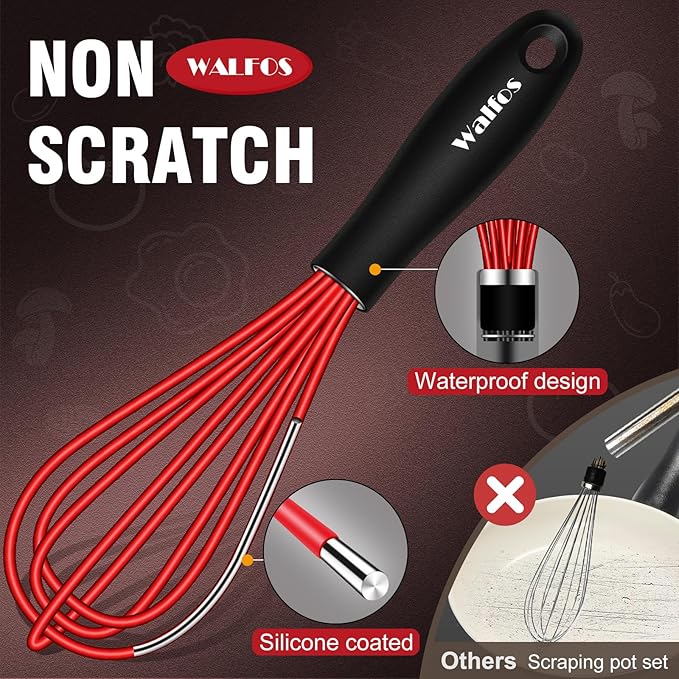 Walfos Mini Whisk Red Small whisk-Non Scatch Rubber Coated Whisks,Mini silicone whisk 5&7 inch Tiny Wisk,Nice for mixing and stirring small batches of powder and sauce in small bowl containers.2pcs