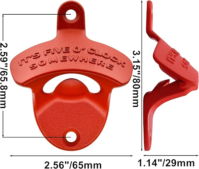 Red Bottle Opener Wall Mount IT'S FIVE O'CLOCK SOMEWHERE Drink Gift for Beer Lover