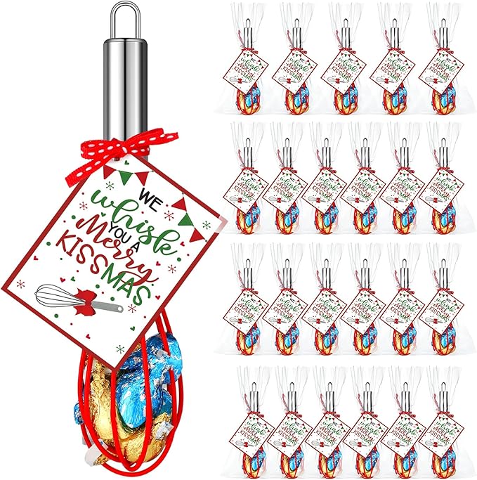 Nuogo 24 Sets Christmas Whisk Baking Supplies Gifts Christmas Neighbor Gifts Includes 8 Inch Stainless Steel Whisk,Greeting Cards,Ribbons,Plastic Bags for Home Cooking Supplies Xmas Stocking Stuffers