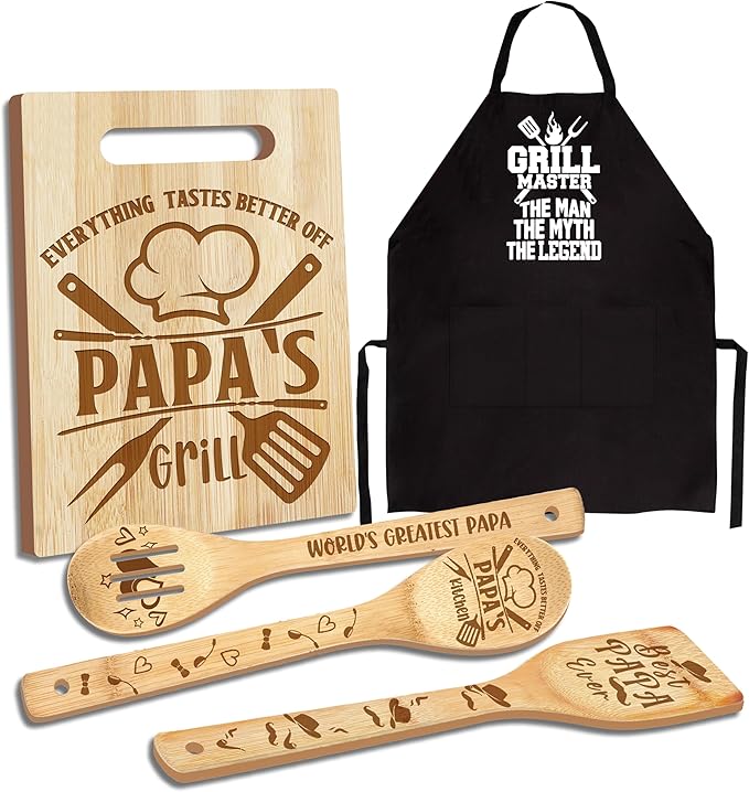 Papa Gifts, Christmas Papa Gifts from Grandkids, Gifts for Dad Wooden Cutting Board Utensils Set with Apron, Great Grandparents Day Stocking Stuffer Kitchen
