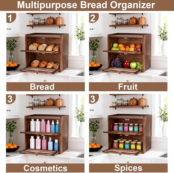 Wooden Bread Box for Kitchen Countertop Large Capacity Corner Bread Box Bread Storage Container with Clear Acrylic Window