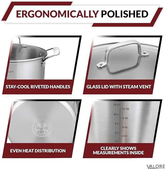 Valore 12 Qt Stainless Steel Stock Pot with Glass Lid – 5-Ply Soup Pot for Cooking & Canning – Heavy-Duty Large Cooking Pot with Brushed Stainless Finish & Riveted Handles