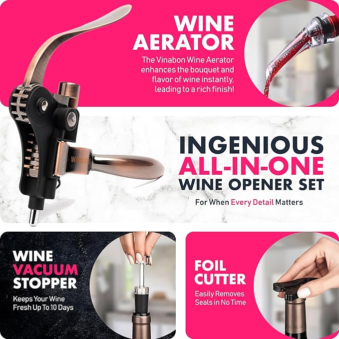 VINABON Wine Opener Set - Premium 2025 All-in-One Wine Bottle Opener Set with Wine Aerator, Foil Cutter, Stopper, Stand - Manual Lever Corkscrews Wine Opener for Wine Bottles with WineGuide eBook