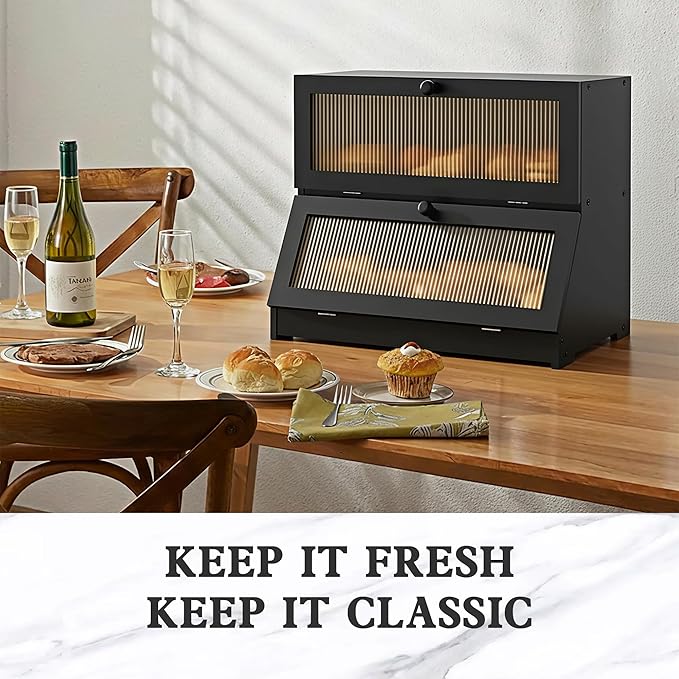Double Layer Bamboo Bread Box for Kitchen Counter-Large Capacity Bread Storage Container Farmhouse Bread Box with Window Bread Holder (Black)
