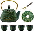 YJX Cast Iron Teapot and Cups Set, 33.8oz Hexagon Pattern Tea Pot Enameled Interior, Tea Kettle for Stovetop, Japanese Teapot Set with Teacups for Adults, Green Kettle with Infuser for Loose Leaf