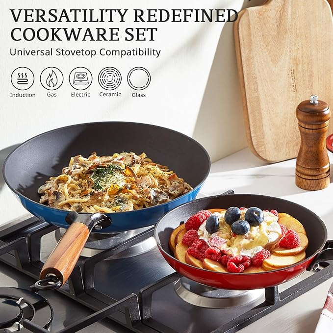 KITESSENSU Titanium Non Stick Frying Pan 8' - Deep Enameled Cast Iron Skillet - Cast Iron Pan for Compatible With All Stovetops - Gradual Burgundy Red
