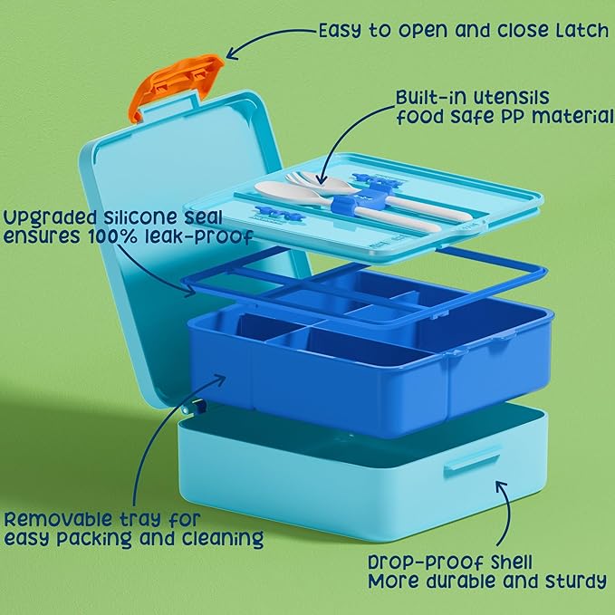 Fimibuke Bento Lunch Box for Kids, Leak Proof Toddler Bento Box with 4 Compartments BPA Free Dishwasher Safe Lunch Container with Utensils, Ideal Portion Sizes for Ages 3-12 Girls Boys for School