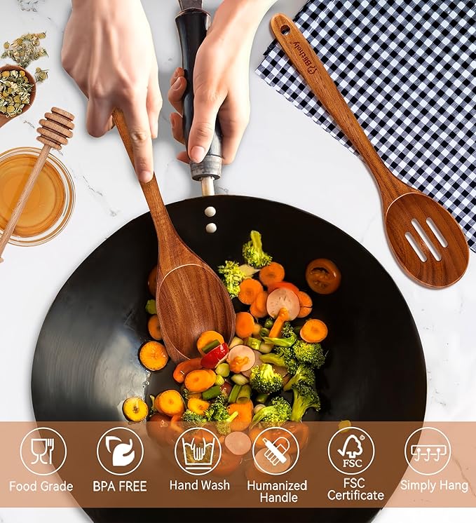 Large Wooden Spoons for Cooking, 2Pack Natural Teak Wood Cooking Spoon Set, Non-Stick Slotted and Corner Spoon, Heat-Resistant Wooden Spatula Spoon for Serving and Mixing