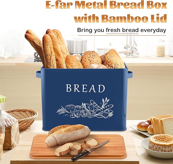 E-far Bread Box for Kitchen Countertop, Metal Bread Storage Container Bin with Bamboo Lid for Cutting Bread, Extra Large & Farmhouse Style, 13” x 7.2” x9.8”, Navy Blue