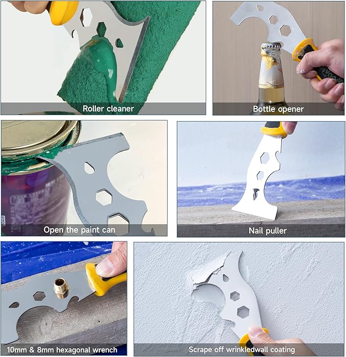 Voomey 6 Inch Stainless Steel Putty Knife, 12 In1 Paint Scraper, Drywall Taping Knife 2 Pack, Paint Scraper Tool for Repairing Old Walls, Cleaning Paint Roller Covers, Applying Putty