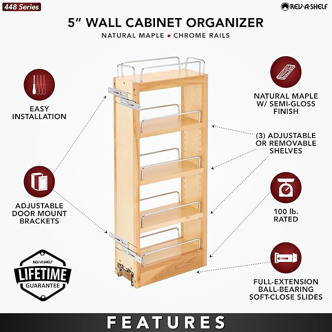 Rev-A-Shelf 5" Pull Out Storage Organizer for Wall Kitchen Cabinets, Sliding Adjustable Shelves for Spice Rack or Cans, Wood & Chrome, 448-WC-5C