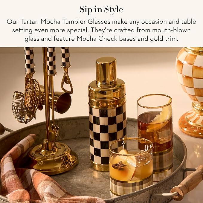 MACKENZIE-CHILDS Set of 4 Tumbler Glasses, Glass Drinkware with Gold Rims, 12 Ounces, Brown-and-White Tartan Mocha