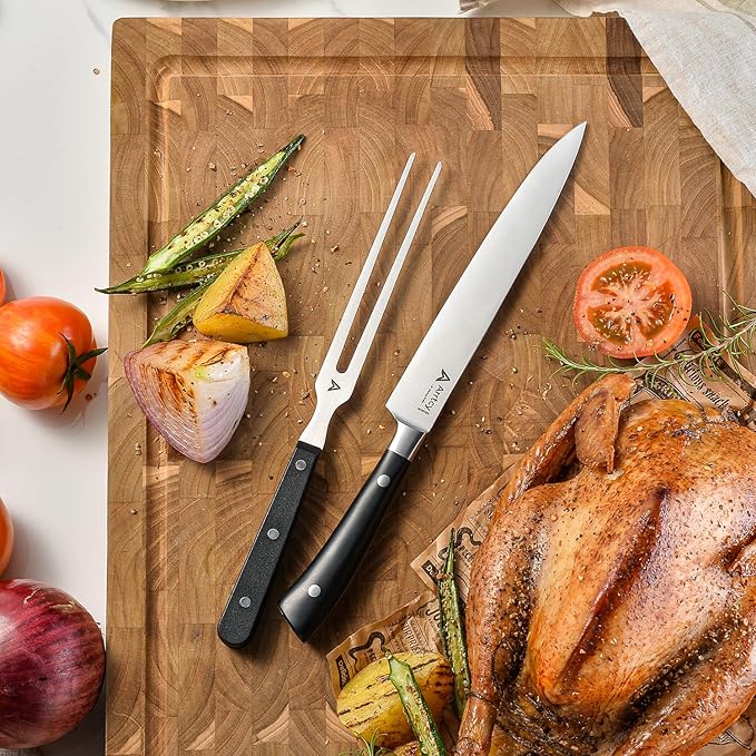 Turkey Carving Set,Full Tang Ergonomic Handle Carving Knife and Fork,German Stainless Steel Kitchen Tools for Turkey, Ham, BBQ,Includes Carving Fork & Knife with Gift Box