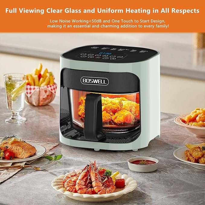 BOSWELL 6 in 1 Glass Air Fryer, 4.5QT Air Fryer with Transparent Glass Pot,Circulating Air Heating, Bake, Broil, Air Fry, Temperature Control, Dishwasher Safe (Green)