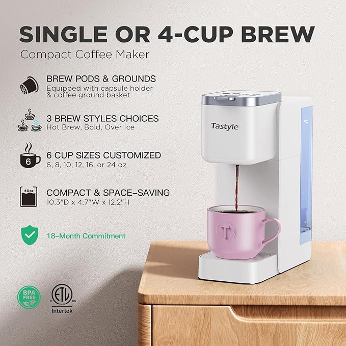 Single Serve Coffee Maker, Iced and Hot Coffee Machine for K Cup & Grounds, Compact Design, 40oz Removable Water Reservoir, 6 to 24 Oz Brew Sizes, Fits 7.3" Travel Mug, White