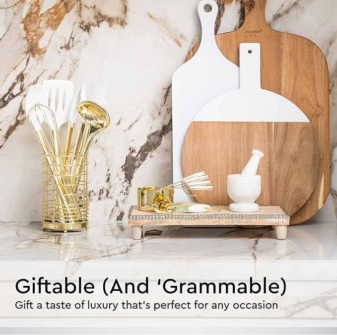 White and Gold Kitchen Utensils Set - 23-Piece Gold Kitchen Accessories Include Measuring Cups and Spoons Set, Silicone Utensils, and Utensil Holder for Baking, Cooking, and Stylish Kitchen Decor