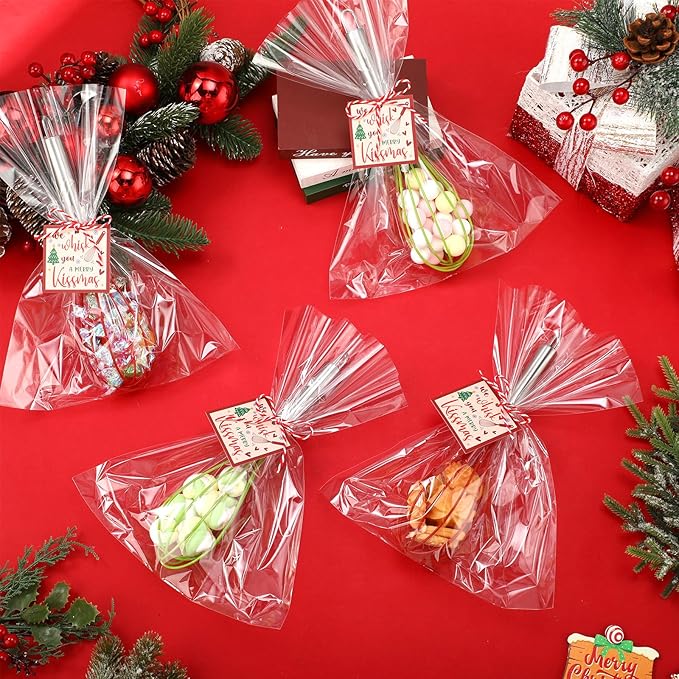 24 Sets 10 Inch Christmas Whisks Supplies Gifts Sets, Includes Silicone Whisks, Greeting Cards, Ribbons, Plastic Bags DIY Fillable Christmas Tree Ornaments for Xmas Cooking Supplies Gift