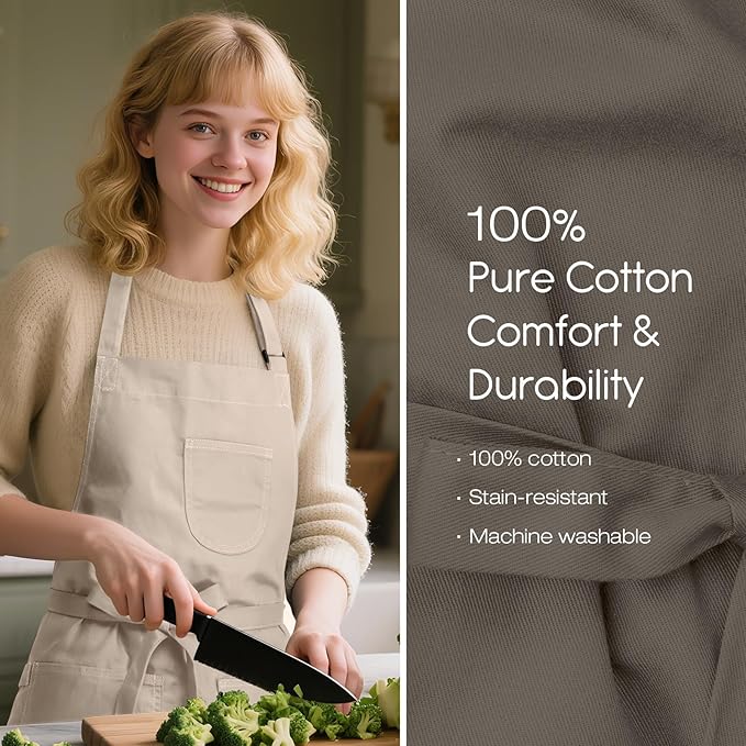 Unisex Apron with Pockets for Cooking, Salon & Art - 100% Cotton Adult Kitchen, Chef, Stylist Apron (Beige)