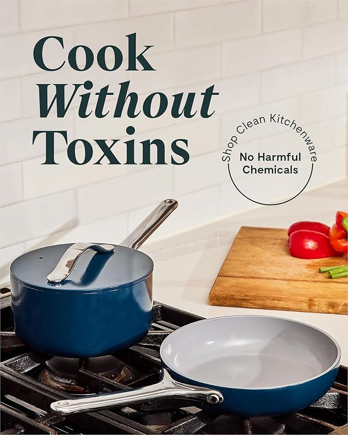 Caraway Mini Cookware Set - Non-Stick Ceramic Fry Pan (1.05 qt, 8") Sauce Pan (1.75 qt) & Storage Rack - Non Toxic, PTFE & PFOA Free - Oven Safe & Stovetop Agnostic (Gas, Electric & Induction) - Gray