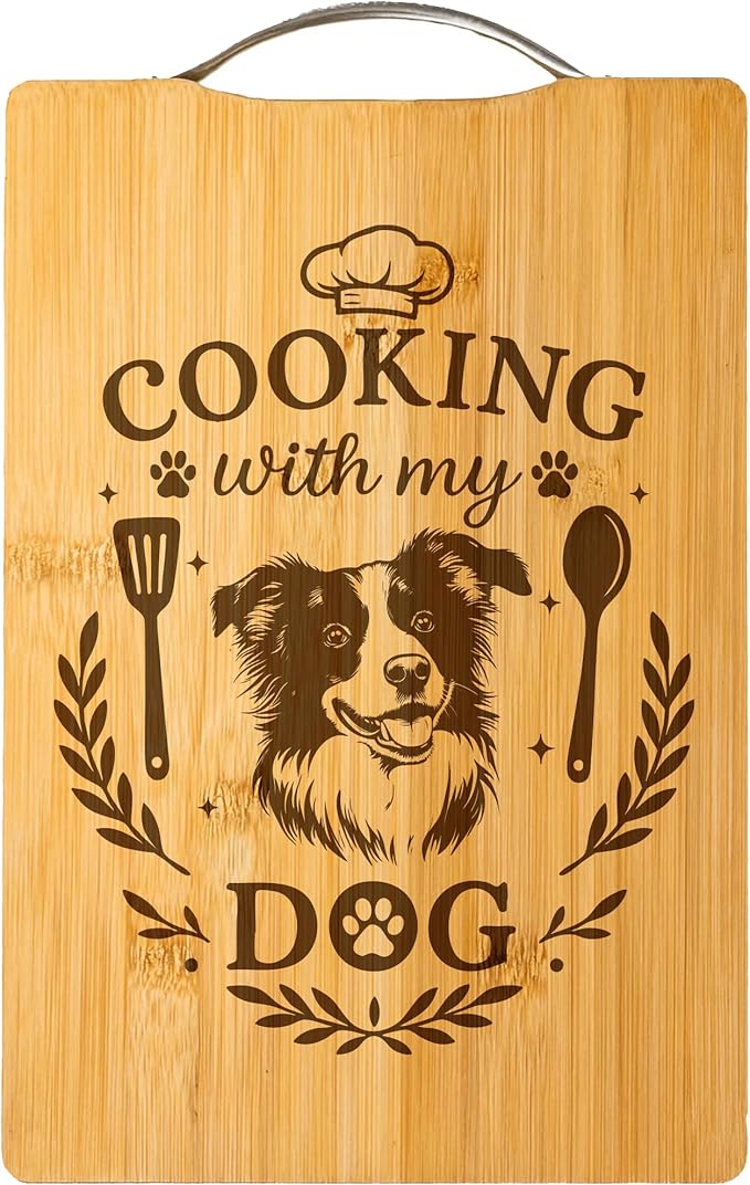 Bamboo Cutting Board, Dog Lover Kitchen Gift, Handmade Decor – Cooking with My Dog (Border Collie)