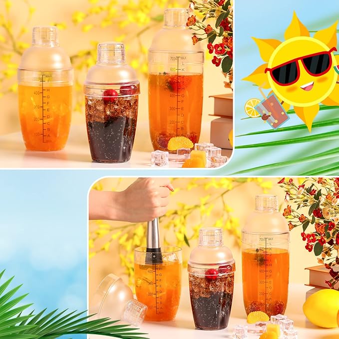 Lallisa 12 Pcs Plastic Cocktail Shaker Drink Mixer with Scales and Strainer Top Clear Shaker Cup with Measurement Plastic Bar Mixing Tool for Tea Coffee Bubble Tea Milk(700 Cc/ 24 oz)
