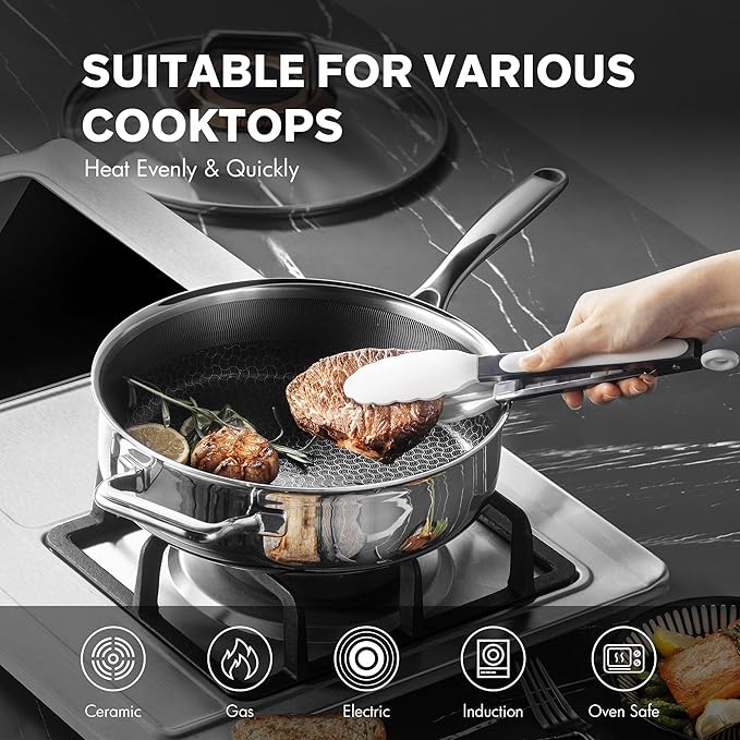 Hybrid Nonstick 5-Quart Sauté Pan,Frying Pans Nonstick with Lid,Stay-Cool Handle,11 Inch Deep Frying Pan,PFAS PFOA PTFE Free,Dishwasher-Friendly,Oven-Safe,Compatible with All Cooktops