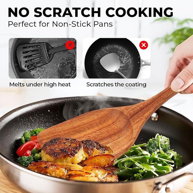 Wooden Utensil Set, Natural Teak Wooden Kitchen Utensils Set, Essential Wooden Spoons for Cooking (9Pcs)