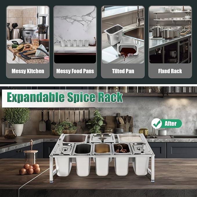 Expandable Spice Rack, 2-Tier Stainless Kitchen Spice Rack Organizer, 5x1/9 Pans + 3x1/6 Pans, Organizer Shelf with Lid, Countertop Holder for Spices Sauce Ingredients Fruits -8 Pans