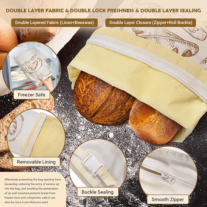 Large Linen Beeswax Bread Bags Sourdough Bread Bags Reusable Double-Lock Freezer Baking Container Gift Giving for Homemade,Loaf,Sourdough,Food Storage (Plain Colour 1 PCS)