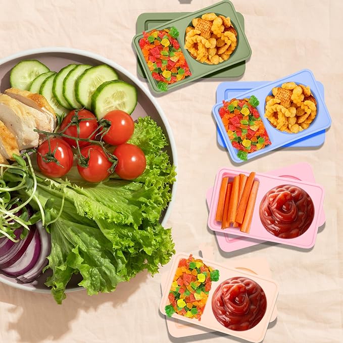 4 Pack Reusable Snack Containers with Lids, Silicone Double Compartment Snack Box Container, Small Mini Snack Pack Containers for Travel, Picnic, Work