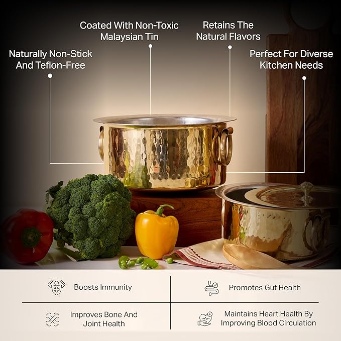 P-TAL Brass Stock Pot with Lid Naturally Nonstick and Toxin Free Pasta Pot Multipurpose Cooking Pot, PFOA and PTFE Free (1 Quart)