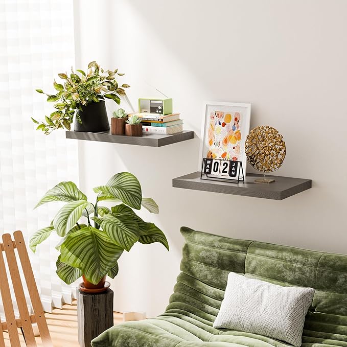 Grey 24 Inch Rustic Floating Shelves for Wall, Wooden Deep Floating Shelves Set of 2, Wall Shelves for Bathroom Over Toilet, Live Edge Display Shelf with Invisible Brackets for Home Decor