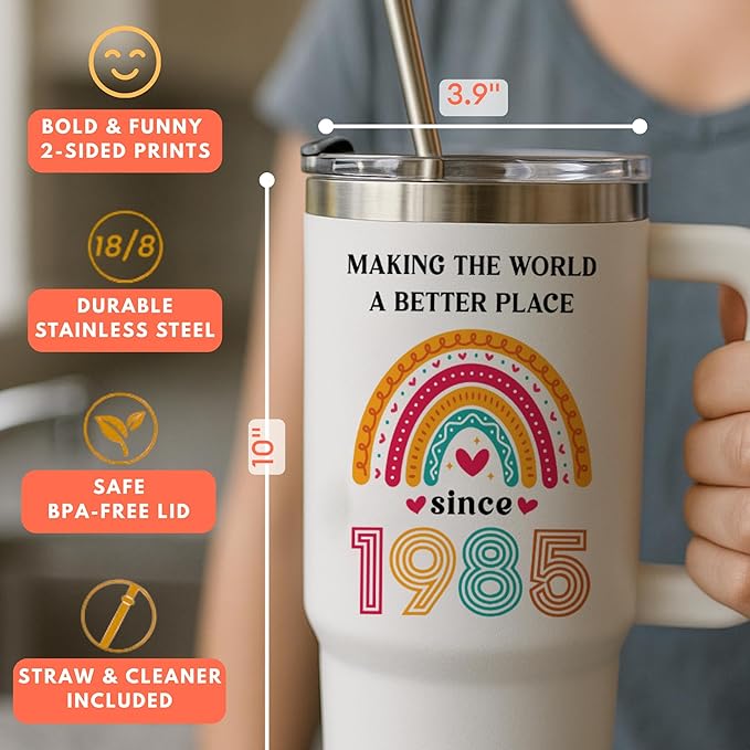 Vivulla68 40th Birthday Gifts Women - 40th Birthday Gifts For Women, Her, Mom - 40 Year Old Gift Ideas For Female, Turning 40, Forty Years Old Gift For Lady, 40 and Fabulous Tumbler 40 Oz, 1985 Cup
