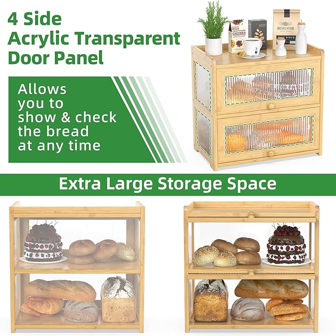 BAMBANG Extra Large Bamboo Bread Box for Kitchen Counter, Double Layer Bread Storage Container Farmhouse Bread Box with 4 Sides Transparency, Breadbox Bin Holder for Homemade Bread, Natural