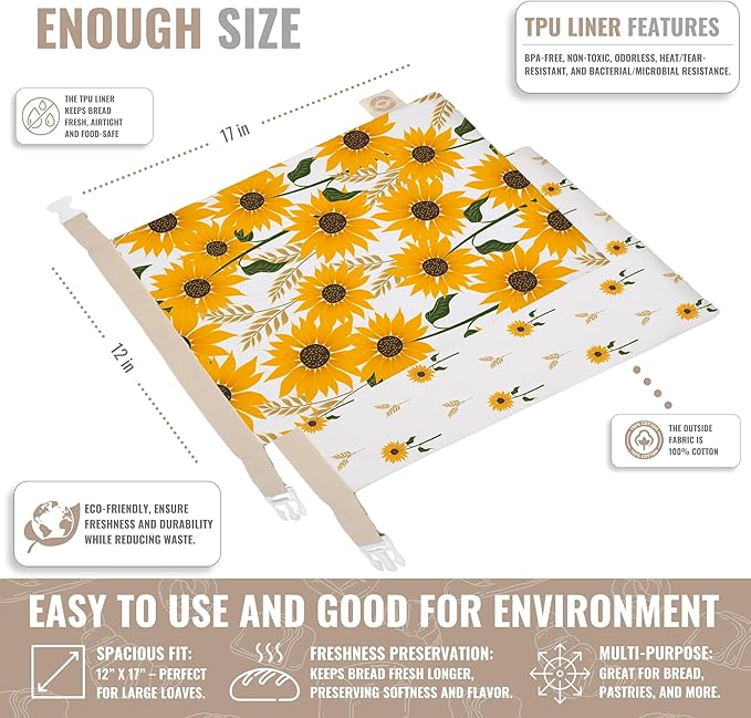 Cozy Bread® Reusable Bread Bag Set for Home Bakers | USA Brand | Charming Designs (Sunflower)