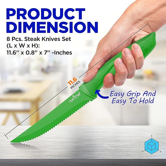 NutriChef SereneLife Stainless Steel Knife Set, 8 Pcs. - Non-Stick Coating, Sharp Serrated Blades, Professional Kitchen Set, Rust-Resistant, Dishwasher Safe, Ideal for BBQ & Grilling, Green
