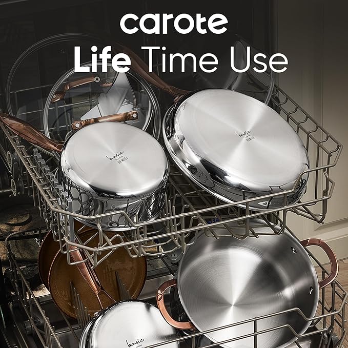 CAROTE 10" Tri-Ply Stainless Steel Deep Frying Pan with Lid, Non-Toxic Saute Pan, Oven Safe, Induction, Ceramic and Gas Cooktops Compatible, Silver