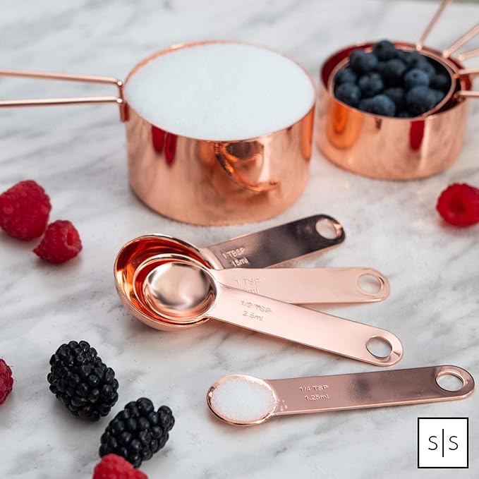 Copper Measuring Cups and Spoons Set – 8-Piece Stackable Stainless Steel Metal Measuring Utensils – Stylish and Sturdy Rose Gold Kitchen Accessories for Baking and Cooking