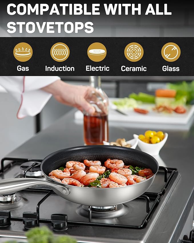 Stainless Steel Nonstick Frying Pan, Hybrid Ceramic 10-Inch Frying Pan, Stay-Cool Handle, PFAS & PFOA PTFE Free, Dishwasher & Oven Safe, Scratch-Resistant, Compatible with Induction & All Cooktops