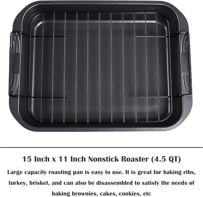 kitCom Bakeware Nonstick Roaster, Nonstick Roasting Pan with Rack, Great For Roast Chicken, Roasts And Turkeys - 15 Inch x 11 Inch (5.8 QT), Gray