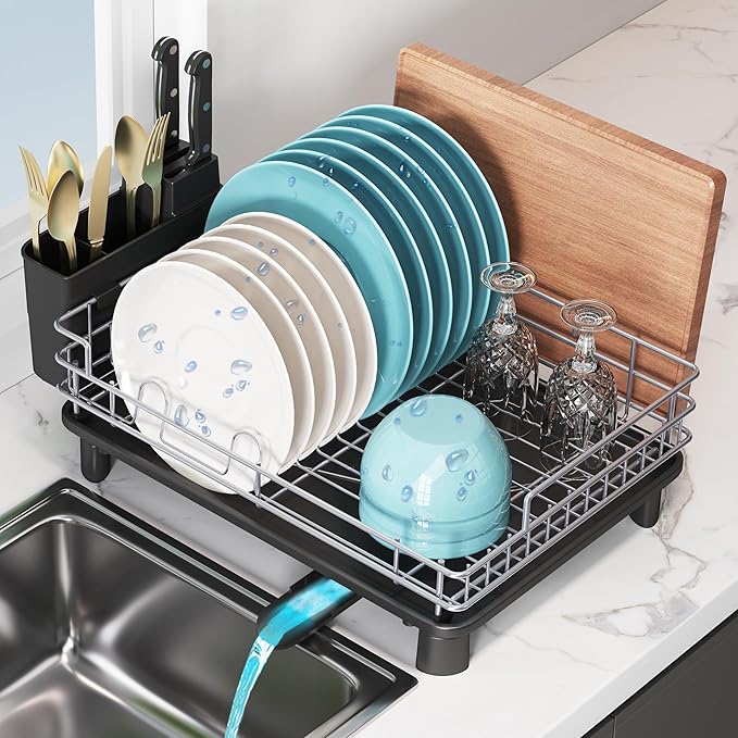 BOOSINY Stainless Steel Dish Drainers Drying Rack for Kitchen Counter with Automatic Drainage, 1 Tier Rust Proof Metal, Space Saving, Modern Aesthetic, Compact Plates Strainers,Gray