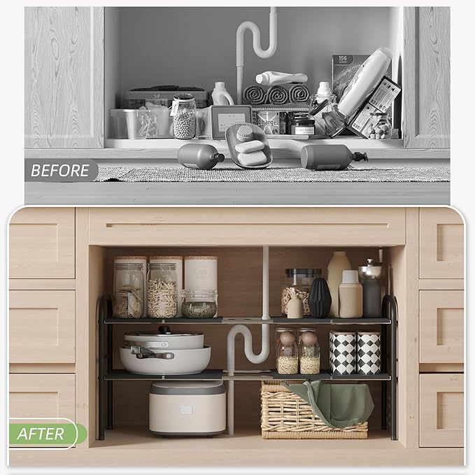 NETEL Under Sink Organizers and Storage, 2 Tier Expandable Under Cabinet Organizer Shelf with 8 Removable Panels,under sink shelf bathroom,Adjustable Shelf for Cupboard