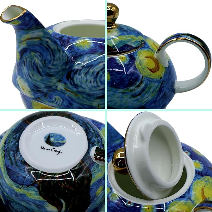 Porcelain 13 OZ Tea for One Teapot and Cup Set Vintage Floral Ceramic Tea Set European Style Tea pot and Saucer Set (Starry Sky)