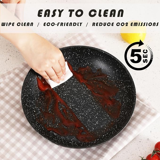 Pots and Pans Set Non Stick, Ceramic Cookware Set with Granite Pattern Kitchen Cooking Sets Induction Pot and Pan w/Frying Pans, Saucepans, Casserole, Non-Toxic, PTFE/PFOA/PFOS-Free, Black