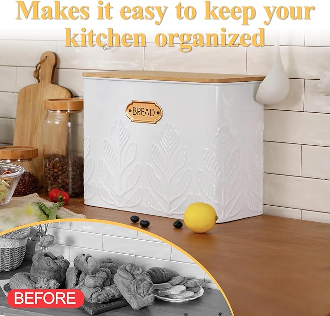 Extra Large Bread Box for Kitchen Countertop Corner Breadbox for Homemade Bread Metal White Plant Pattern Embossed Bread Storage Container Bin with Bamboo Lid Fits 2 Loaves of Bread