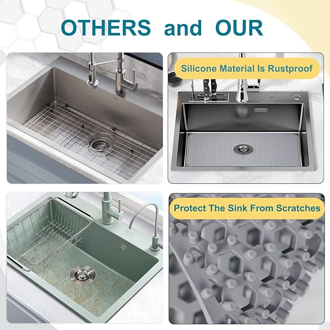 Silicone Sink Mat, 26'' x 14'' Protectors for Kitchen Sink with Center Drain, Kitchen Protector Accessory, Non-Slip Grid Mat for Bottom of Farmhouse Porcelain Stainless Steel(Center Hole)